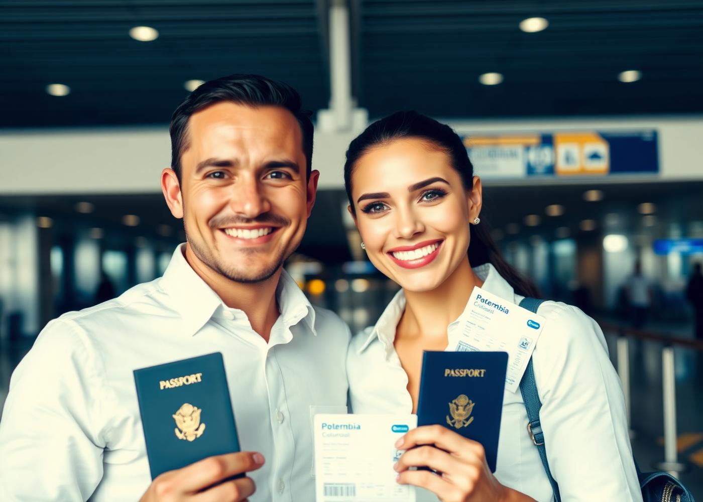 Pareja colombiana con pasaportes y tiquetes en el aeropuerto